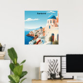 Retro Santorini Greece Mediterranean Blue & White ポスター (ホームオフィス)