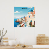 Retro Santorini Greece Mediterranean Blue & White ポスター (キッチン)