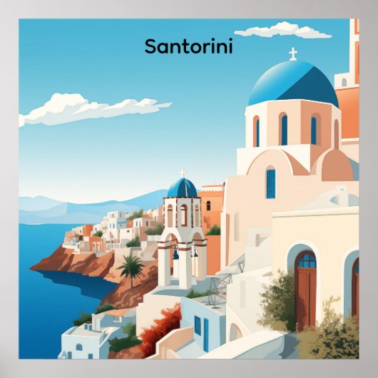 Retro Santorini Greece Mediterranean Blue & White ポスター (正面)