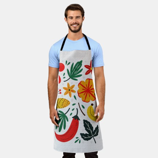 Retro Scandinavian Tropical Floral Fruit Pattern エプロン (着用した状態)