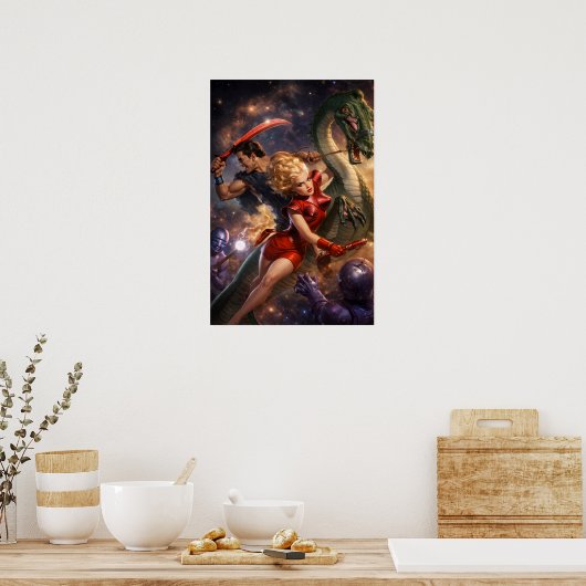 Retro Sci-Fi Fantasy Space Art ポスター (キッチン)