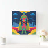 Retro Sci-Fi Hero Over Cityscape スクエア壁時計 (ホーム)