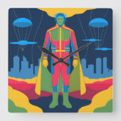 Retro Sci-Fi Hero Over Cityscape スクエア壁時計 (正面)