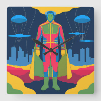 Retro Sci-Fi Hero Over Cityscape スクエア壁時計