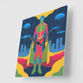 Retro Sci-Fi Hero Over Cityscape スクエア壁時計 (傾斜)