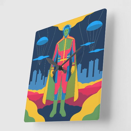 Retro Sci-Fi Hero Over Cityscape スクエア壁時計 (傾斜)