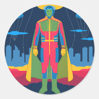 Retro Sci-Fi Hero Over Cityscape ラウンドシール