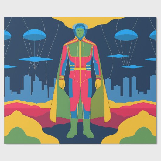 Retro Sci-Fi Hero Over Cityscape ラッピングペーパー (フラット)