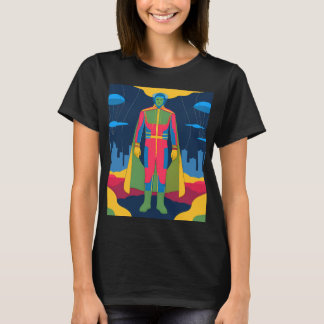 Retro Sci-Fi Hero Over Cityscape Tシャツ