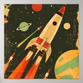 Retro Sci-Fi Rocket Space Illustration Design ポスター (正面)