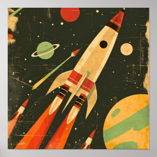 Retro Sci-Fi Rocket Space Illustration Design ポスター