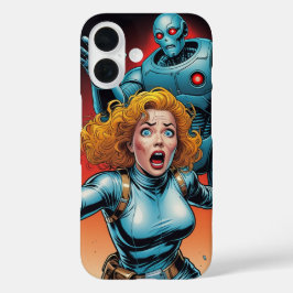 Retro Scifi Woman running from Robot iPhone 16ケース