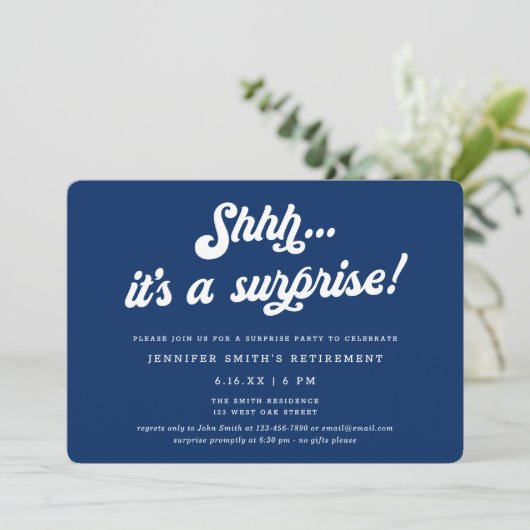 Retro Script Blue Surprise Retirement Party 招待状 (スタンド正面)