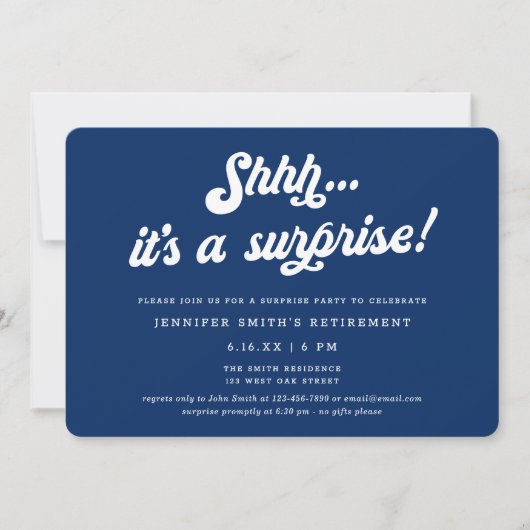 Retro Script Blue Surprise Retirement Party 招待状 (正面)
