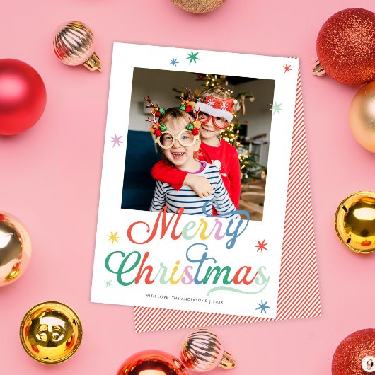 Retro Script Colorful Merry Christmas One Photo シーズンカード