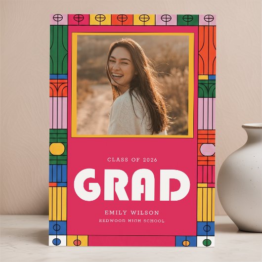 Retro Script Grad Photo Graduation Announcement ポストカード