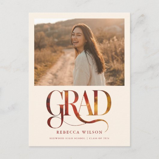 Retro Script Grad Photo Graduation Invitation ポストカード (正面)