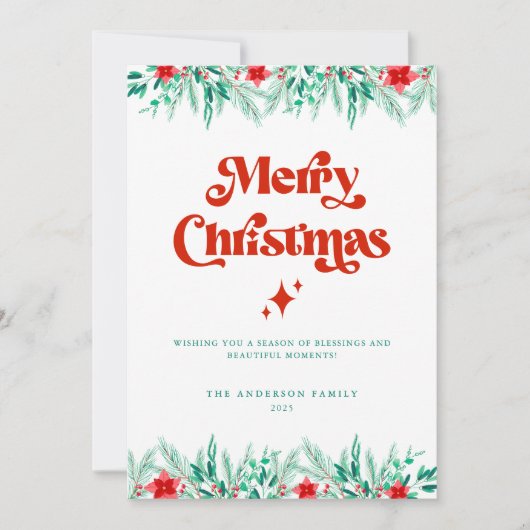Retro Script Red & Green Merry Christmas シーズンカード (正面)