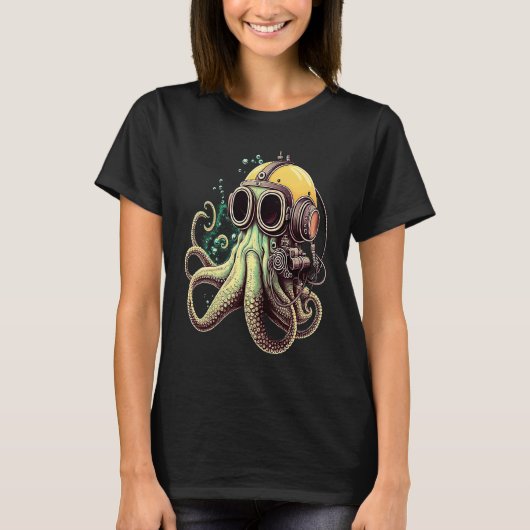 Retro Scuba Diver Weird Octopus Design Octopus Hel Tシャツ (正面)