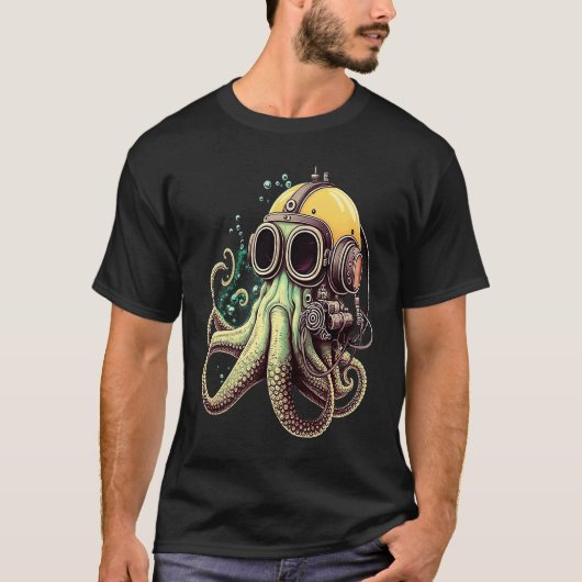Retro Scuba Diver Weird Octopus Design Octopus Hel Tシャツ (正面)