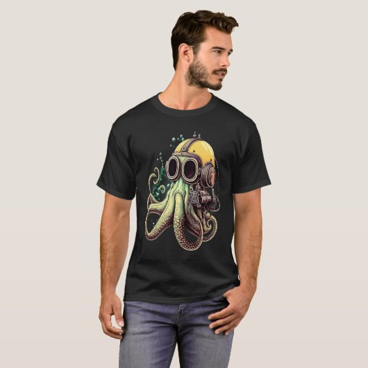 Retro Scuba Diver Weird Octopus Design Octopus Hel Tシャツ (正面フル)