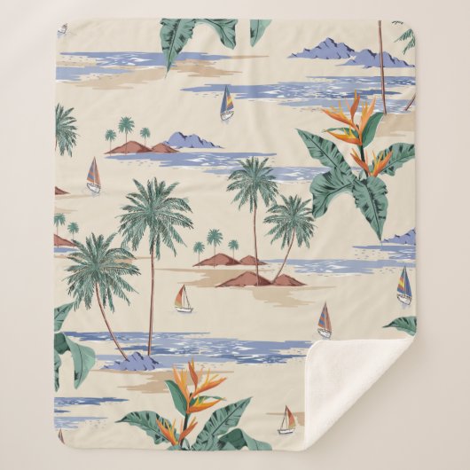 Retro seamless tropical island pattern on light be シェルパブランケット (正面)