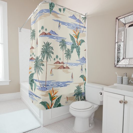Retro seamless tropical island pattern on light be シャワーカーテン (インサイチュ)
