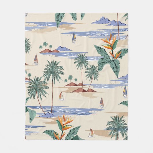 Retro seamless tropical island pattern on light be フリースブランケット (正面)