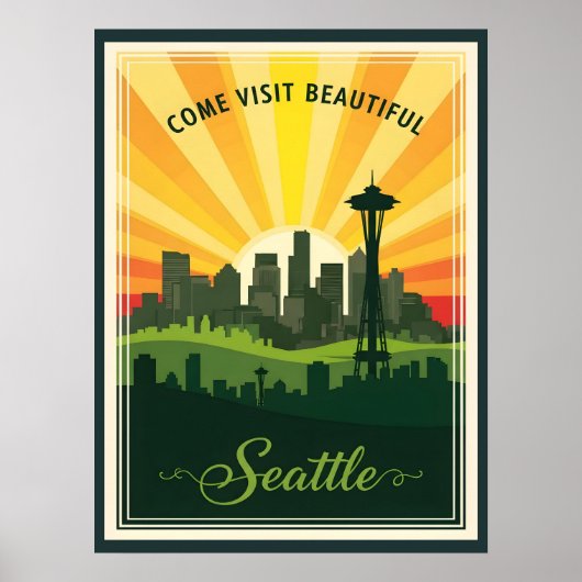 Retro Seattle skyline with space needle at sunset ポスター (正面)