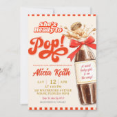 Retro She's Ready To Pop Red Bow Baby Shower 招待状 (正面)