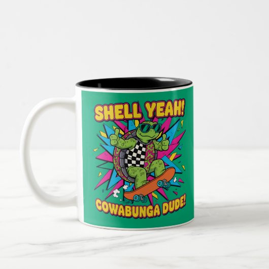 Retro Skateboarding Turtle Mug – Funny Shell Yeah  ツートーンマグカップ (左)