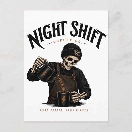Retro Skeleton Barista Night Shift Coffee Co ポストカード (正面)