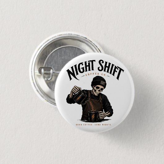 Retro Skeleton Barista Night Shift Coffee Co 缶バッジ (正面&裏面)