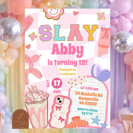 Retro Slay Aesthetic Tween Patch Party Birthday 招待状