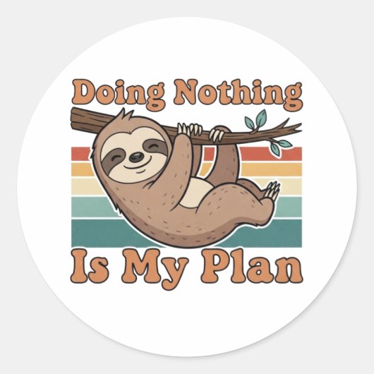 Retro Sloth Lazy Quote Vinyl Sticker ラウンドシール (正面)
