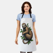 Retro Sloth Line Art Vintage Tee (4) エプロン (着用した状態)