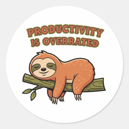 Retro Sloth Productivity Is Overrated Vinyl Sticke ラウンドシール (正面)