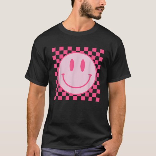 Retro Smile Face Checkered Pattern Preppy Aestheti Tシャツ (正面)