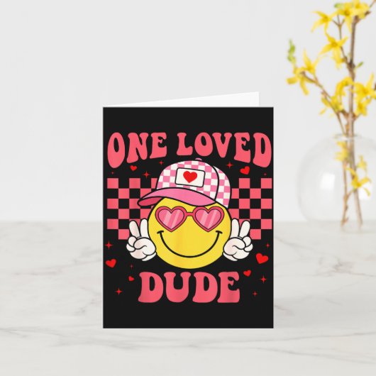 Retro Smile Face One Loved Dude Valentines Day Men カード (黄色い花)