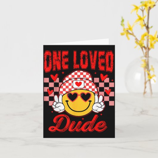 Retro Smile Face One Loved Dude Valentines Day Men カード (黄色い花)