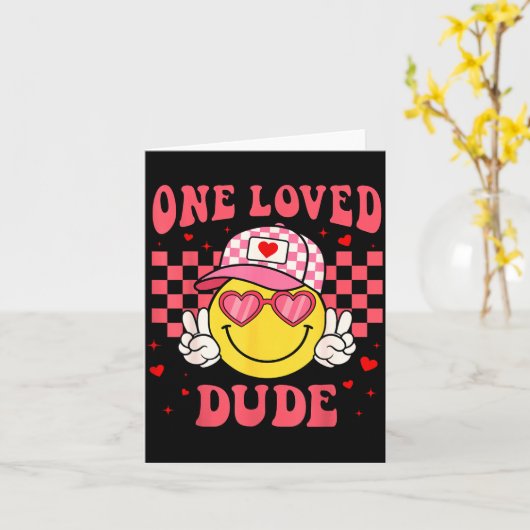 Retro Smile Face One Loved Dude Valentines Day Men カード (黄色い花)