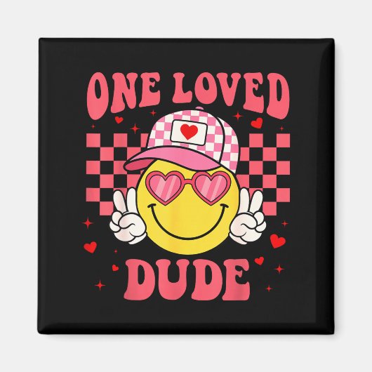 Retro Smile Face One Loved Dude Valentines Day Men マグネット (正面)