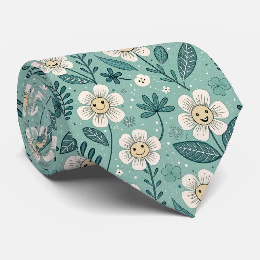Retro Smiling Daisies Pattern – Groovy 70s Boho ネクタイ (ロール)