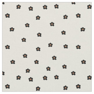 Retro Smiling Flower Pattern in Black and Cream ファブリック
