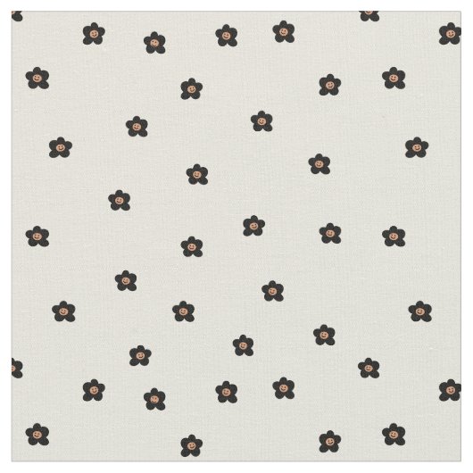 Retro Smiling Flower Pattern in Black and Cream ファブリック (クローズアップ)