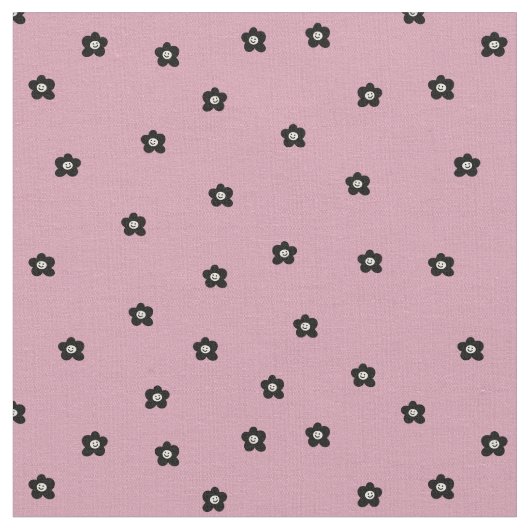 Retro Smiling Flower Pattern in black and Rosa ファブリック (クローズアップ)