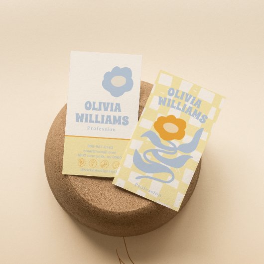 Retro Soft Boho Groovy Checkered Floral Unique 70s 名刺