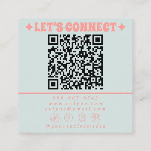 Retro Soft Pink Blue QR Code Groovy Floral Girly  スクエア名刺 (裏面)
