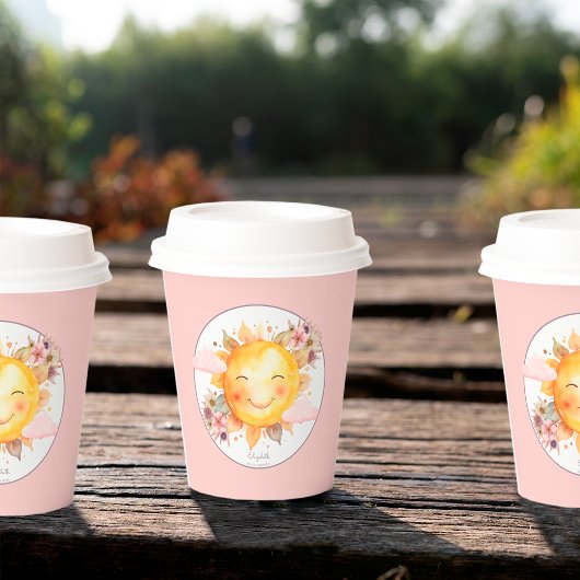 Retro Soft Pink Boho Flowers Sunshine Baby Shower 紙コップ