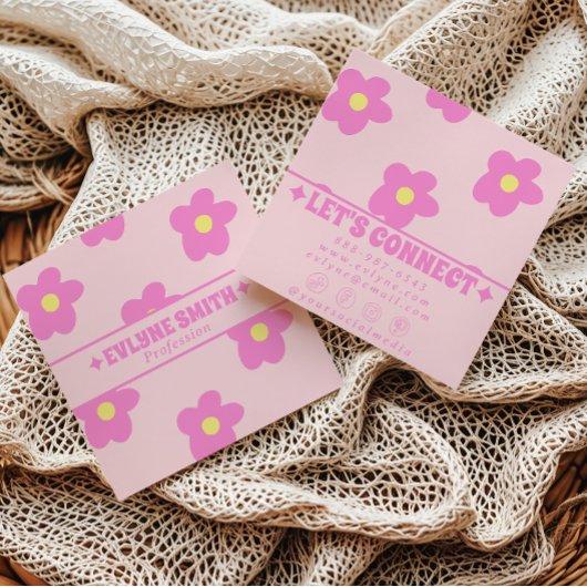 Retro Soft Pink Groovy Floral Trendy Girly Boho スクエア名刺